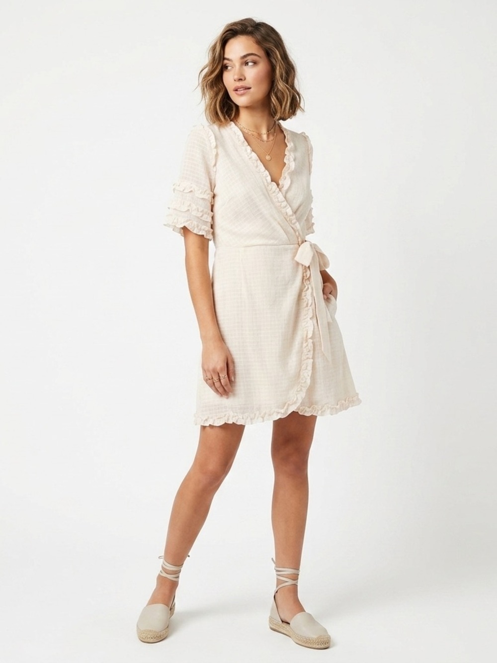 Here Comes The Sun Wrap Dress Ruffle Trim Sheer Textured Light Cream L